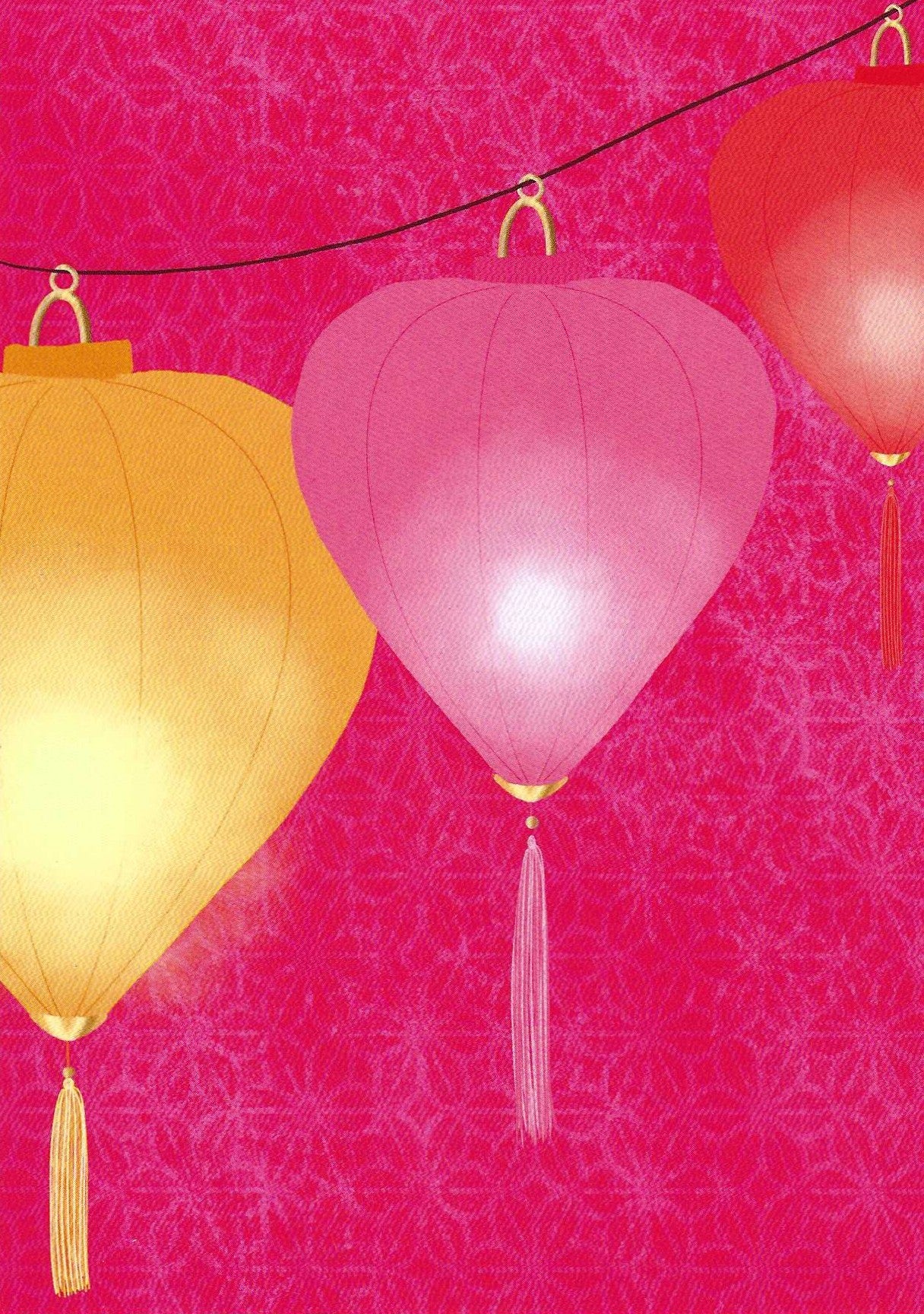 Lampions (Paper Lanterns) Postcard by Nobis Design featuring three glowing paper lanterns in yellow, pink, and red hang from a black string against a bright pink patterned background.