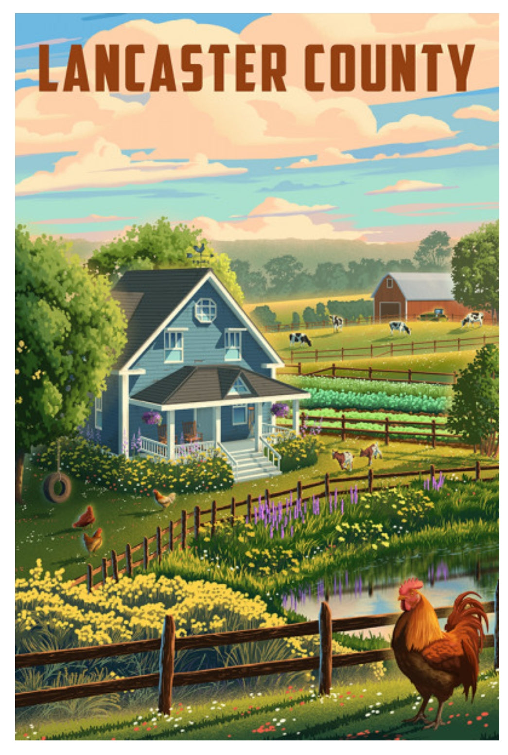 Lantern Press Postcard featuring an illustration of a farm scene in Lancaster County Pennsylvania with a house, barn, and chickens.