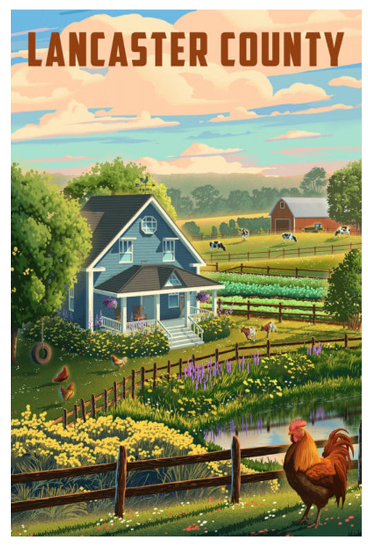 Lantern Press Postcard featuring an illustration of a farm scene in Lancaster County Pennsylvania with a house, barn, and chickens.
