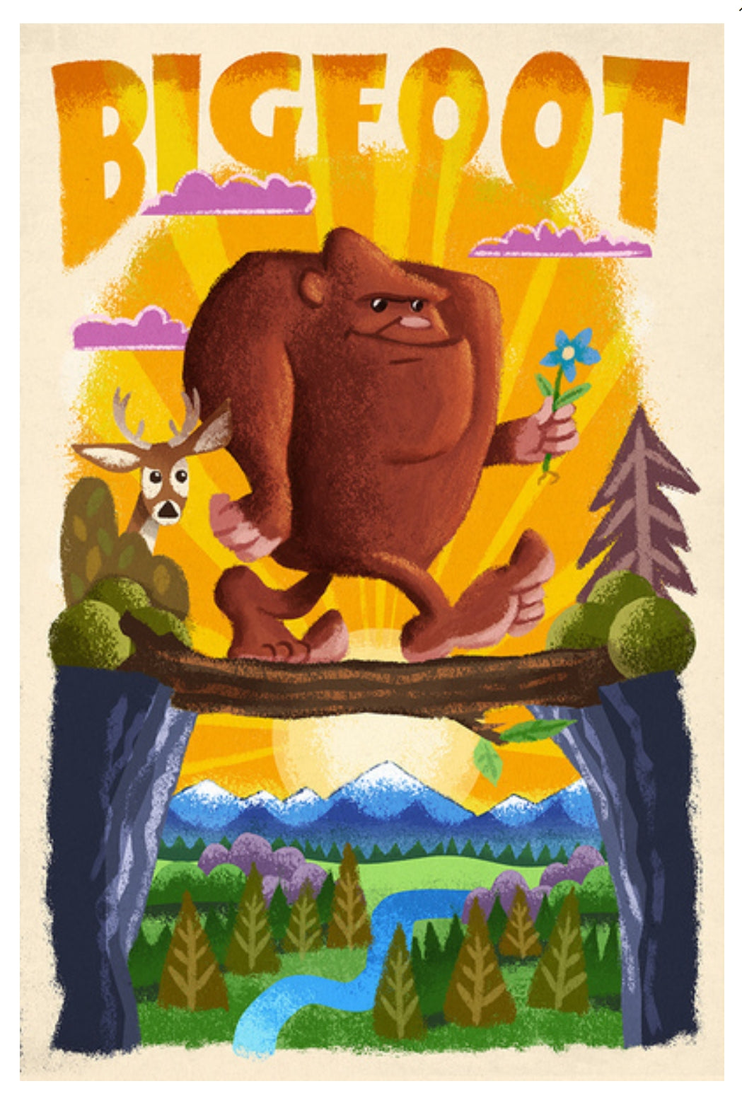 Bigfoot - Lantern Press Postcard - Bigfoot is holding a flower in a forest setting with mountains in the background.