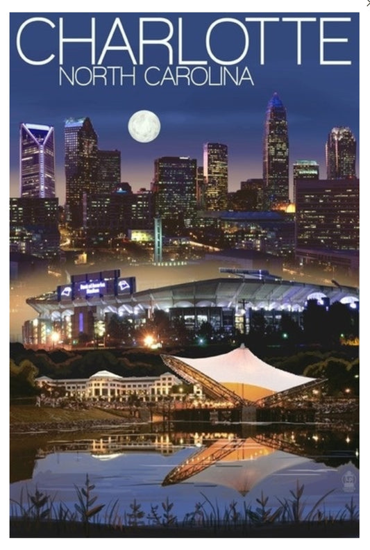 Lantern Press - Charlotte, North Carolina - Skyline at Night - Postcard