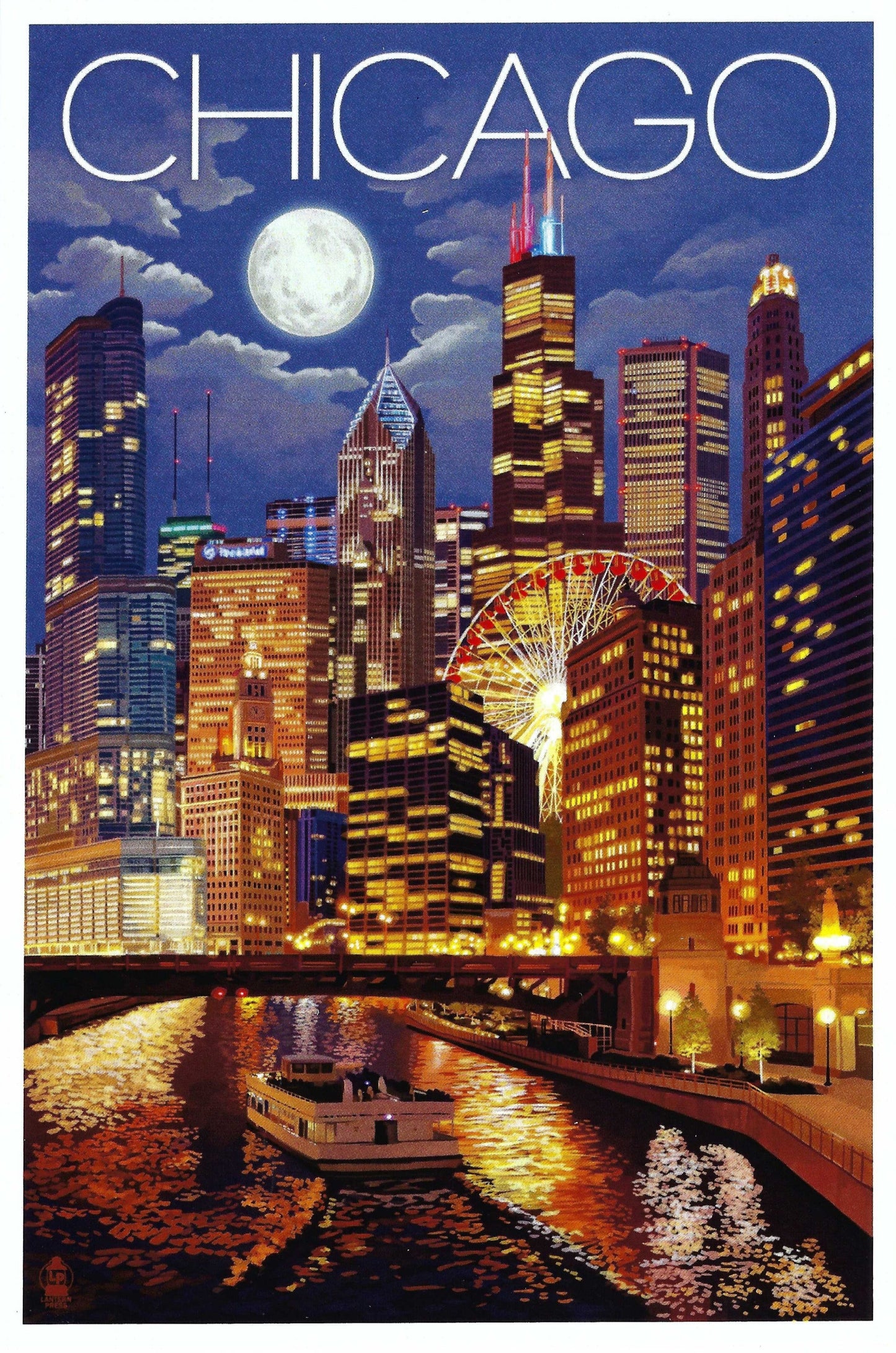 Lantern Press - Chicago - Illinois - City - Skyline at Night - Postcard