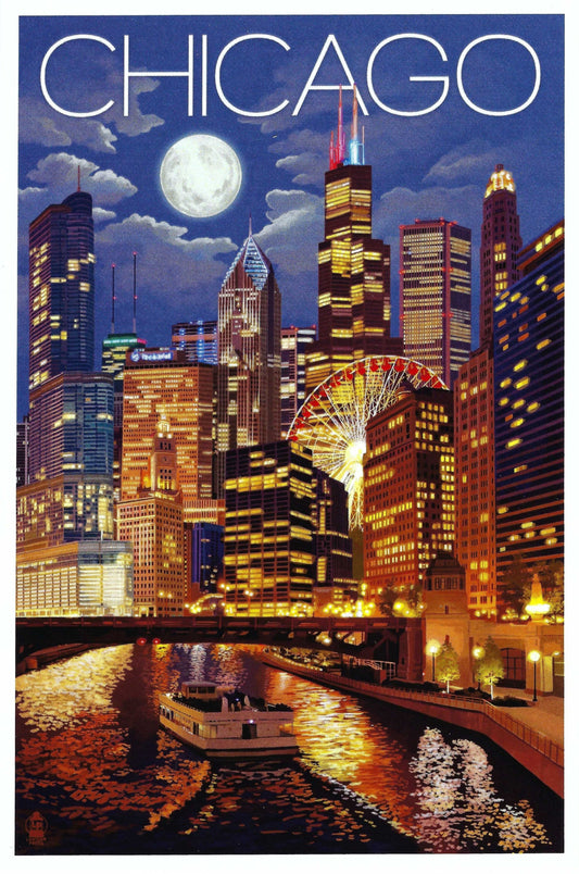 Lantern Press - Chicago - Illinois - City - Skyline at Night - Postcard