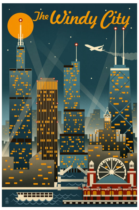 Lantern Press - Chicago - Illinois - The Windy City - Retro Skyline - Postcard
