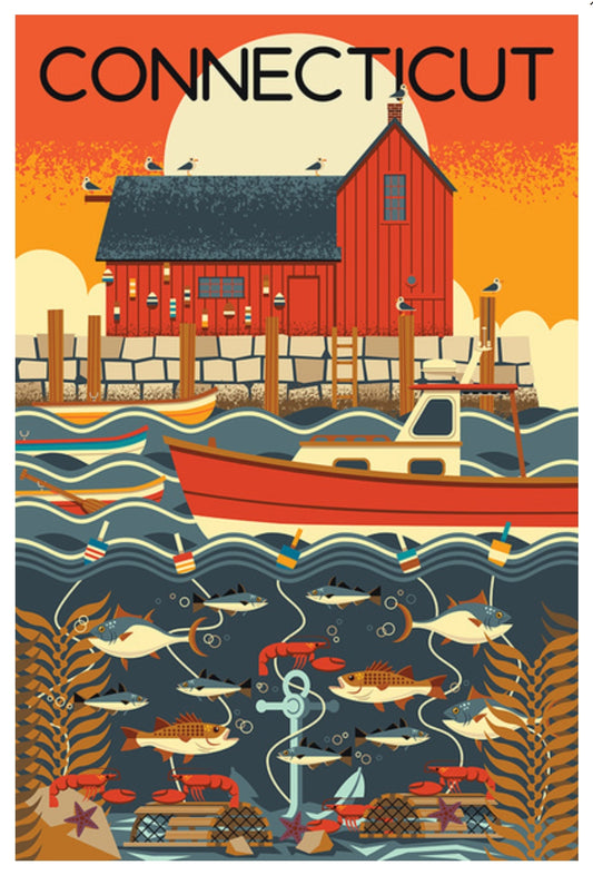 Lantern Press - Connecticut - Nautical - Fish - Lobster - Geometric - Postcard