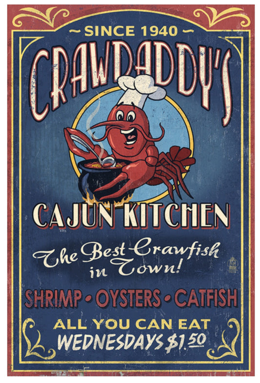 Lantern Press - Crawfish - Vintage Sign - Crawdaddy's Cajun Kitchen - Postcard