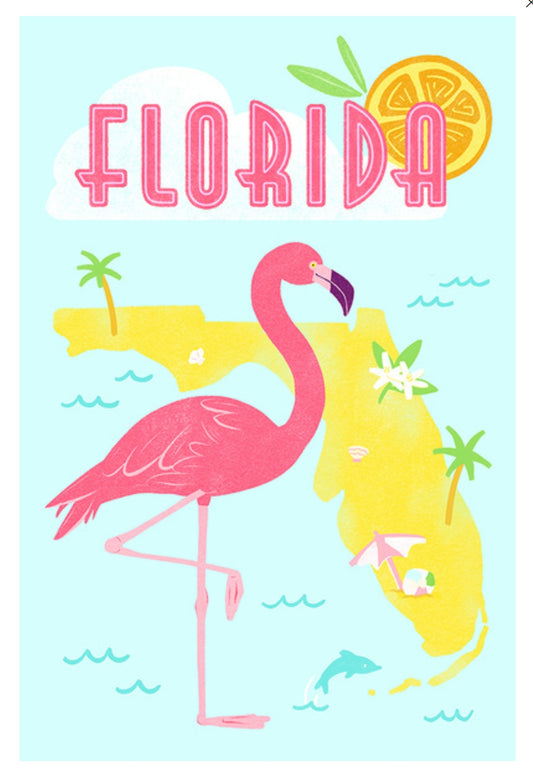 Lantern Press - Florida - Flamingo and State Icon - Map - Postcard