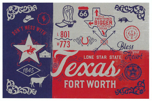 Lantern Press - Fort Worth - Texas - Illustrated State Flag - Postcard