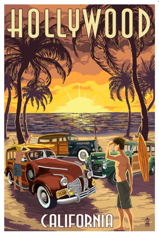Lantern Press - Hollywood, California - Woodies on the Beach - Los Angeles - Postcard