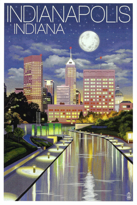 Lantern Press - Indianapolis - Indiana - Indianapolis City View - Skyline at Night - Postcard