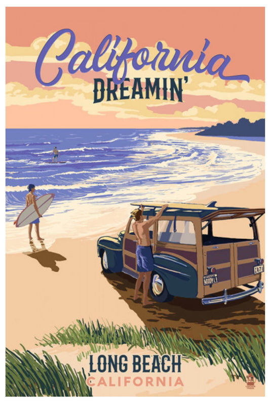 Lantern Press - Long Beach, California - Woody on Beach - California Dreamin' - Postcard