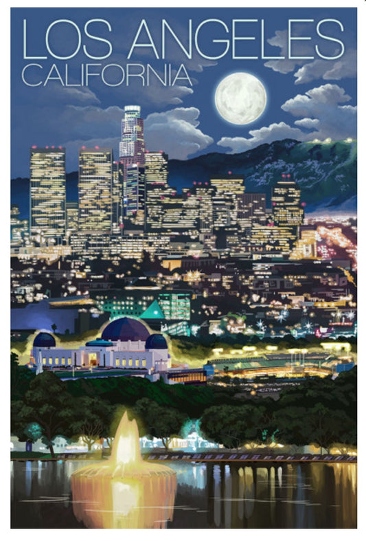 Lantern Press Postcard featuring a nighttime skyline of Los Angeles, California, with a prominent full moon and a body of water in the foreground.