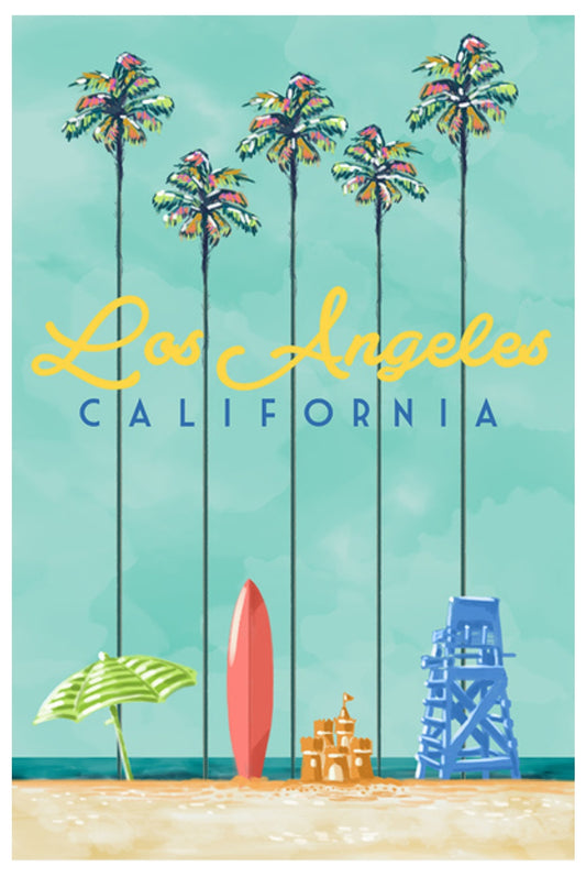 Illustrated Los Angeles postcard by Lantern Press showing tall palm trees, a peaceful beach, and a blue lifeguard chair—ideal for Postcrossing and travel-themed snail mail.
