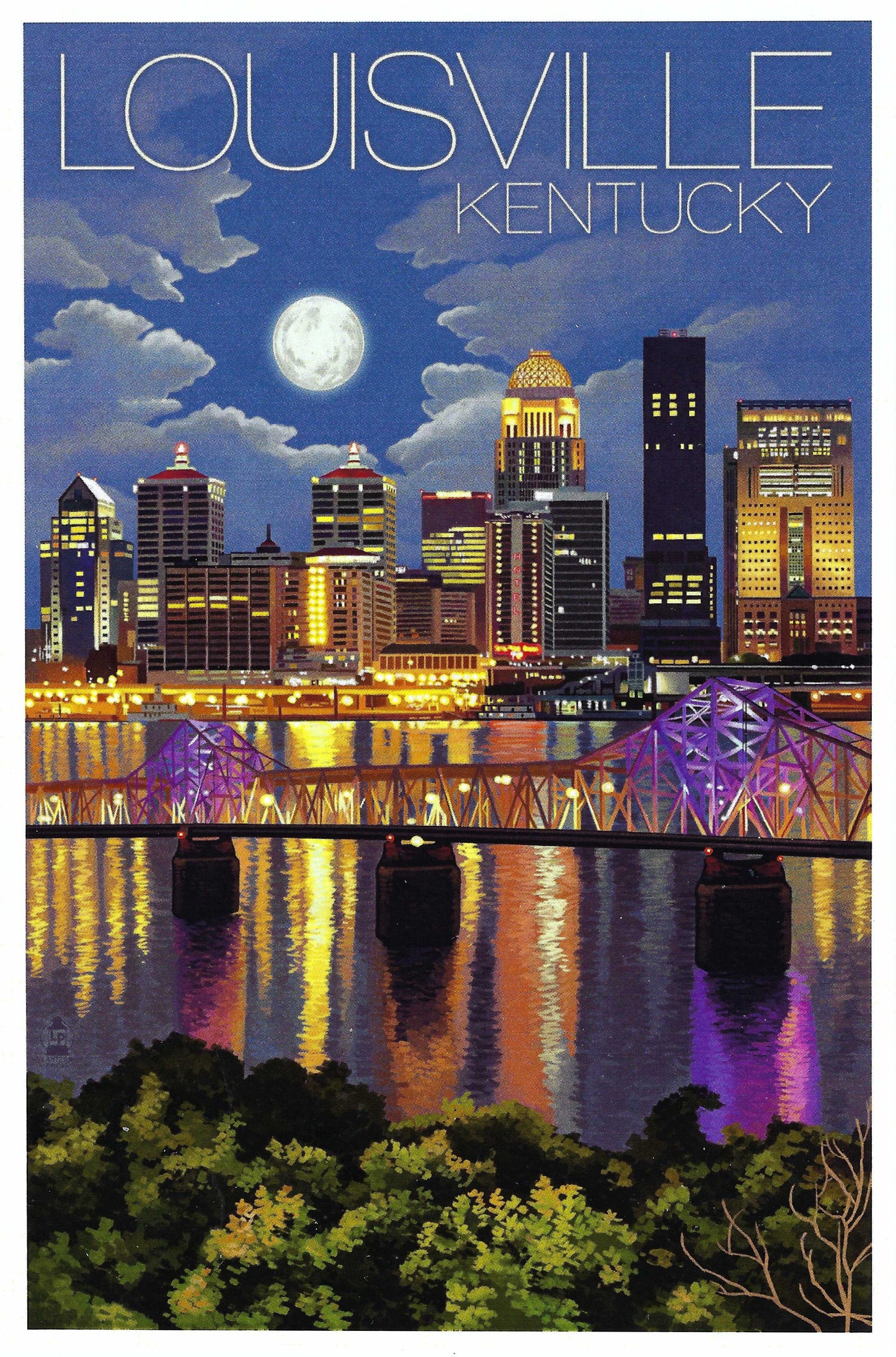 Lantern Press - Louisville - Kentucky - Skyline at Night -Postcard