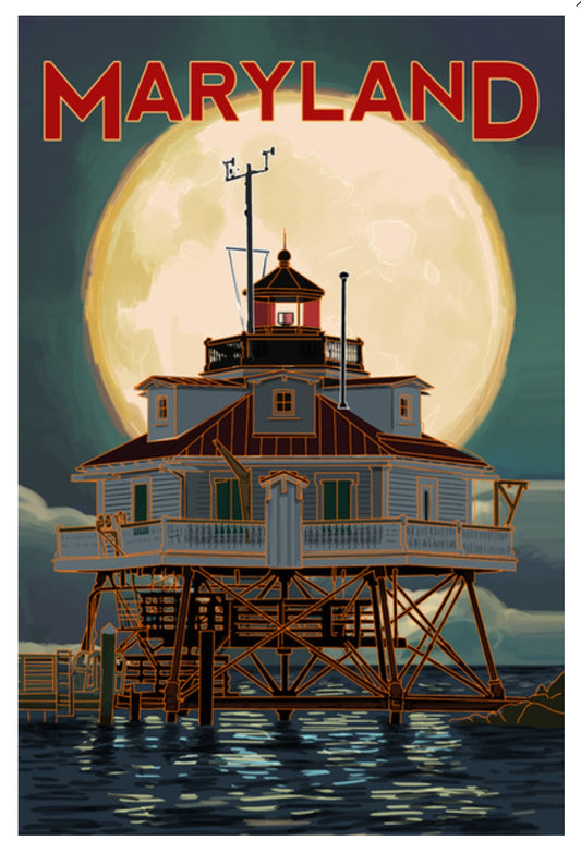 Lantern Press - Maryland - Chesapeake Bay, MD - Lighthouse - Full Moon - Postcard