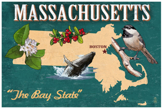 Lantern Press -Massachusetts -The Bay State - State Icons - Map - Postcard