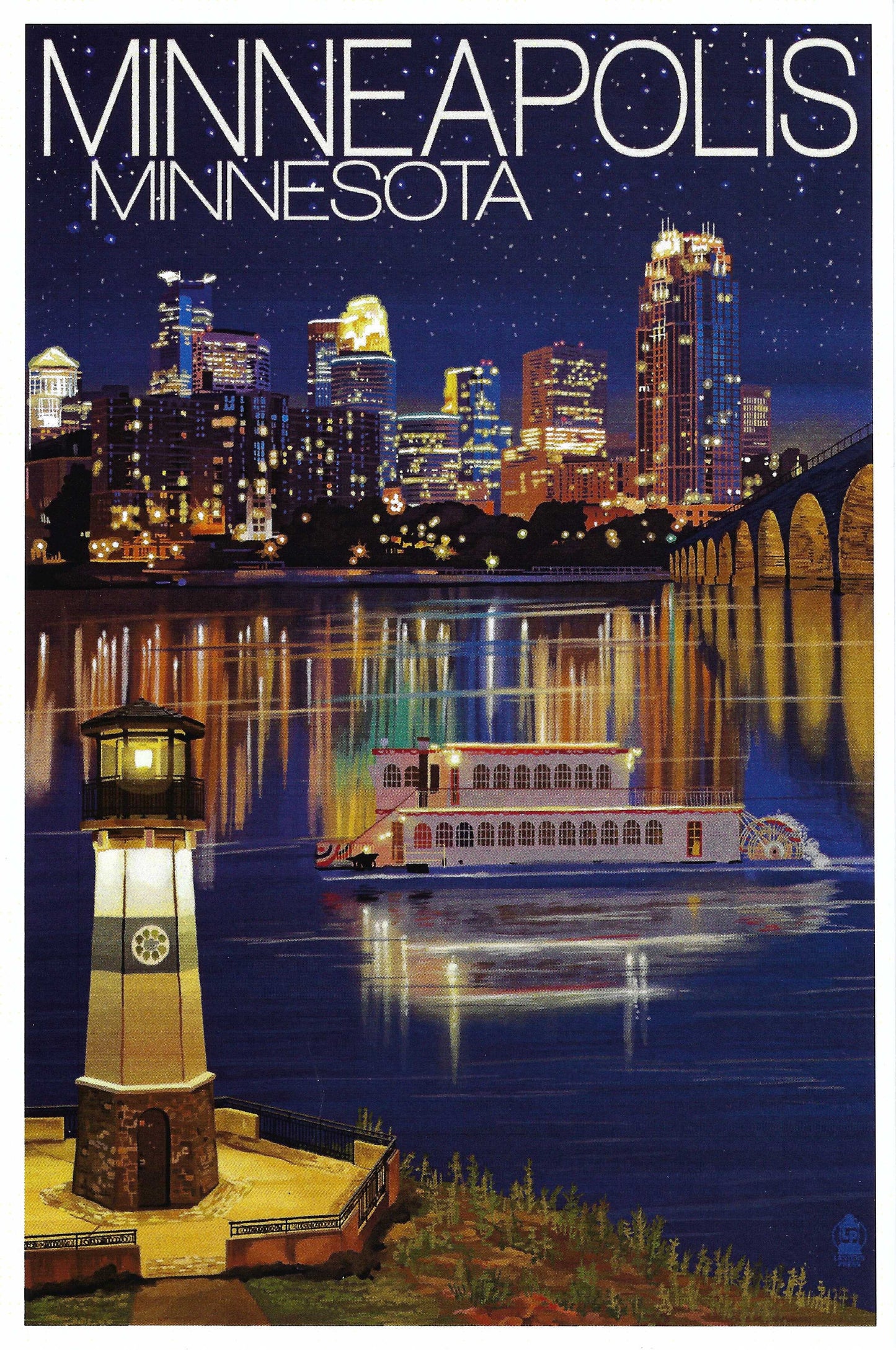 Lantern Press - Minneapolis - Minnesota - Skyline at Night - Postcard