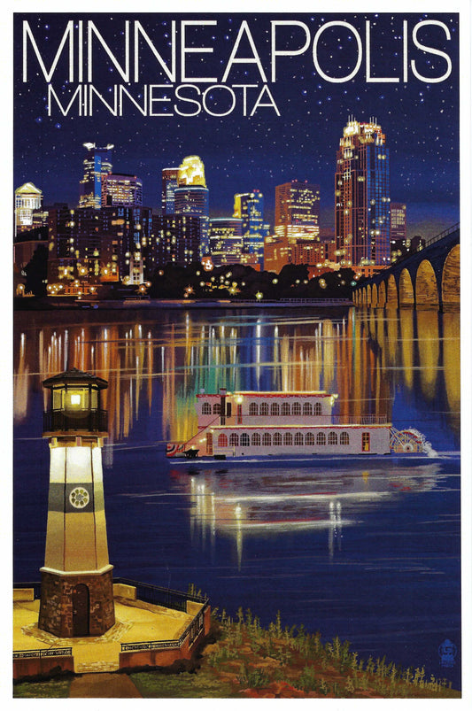 Lantern Press - Minneapolis - Minnesota - Skyline at Night - Postcard
