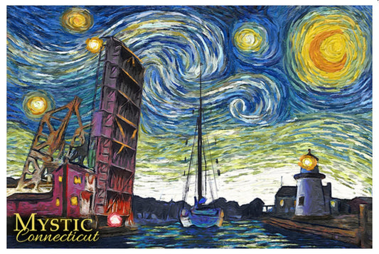Lantern Press - Mystic - Connecticut - Starry Night - Sailboat - Bridge - Postcard