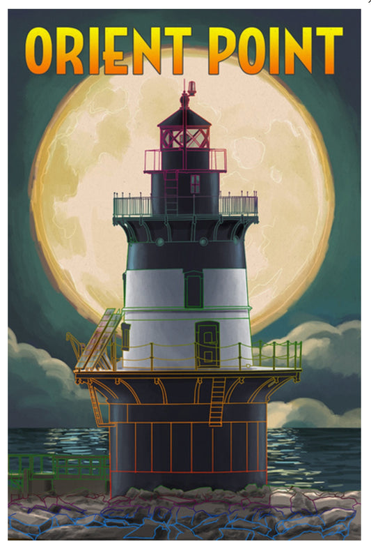 Lantern Press - New York - Orient Point - Lighthouse - Full Moon - Postcard