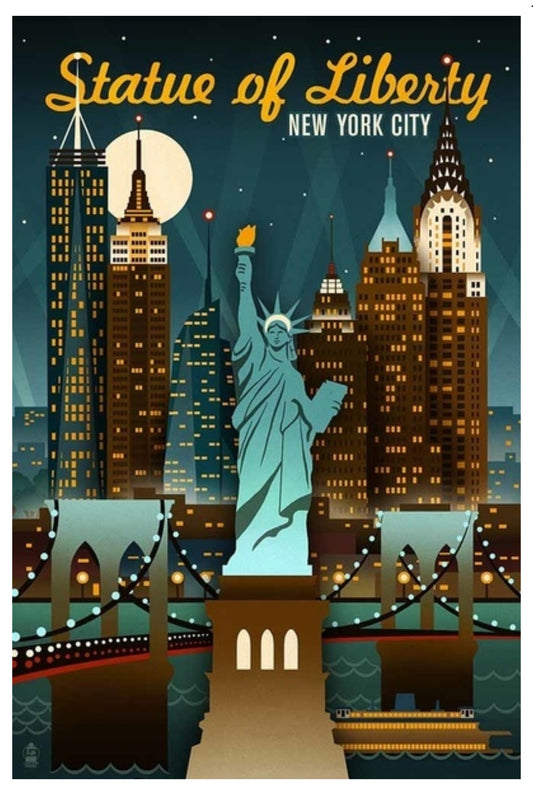 Lantern Press - New York City - New York - Statue of Liberty - Retro Skyline - Postcard