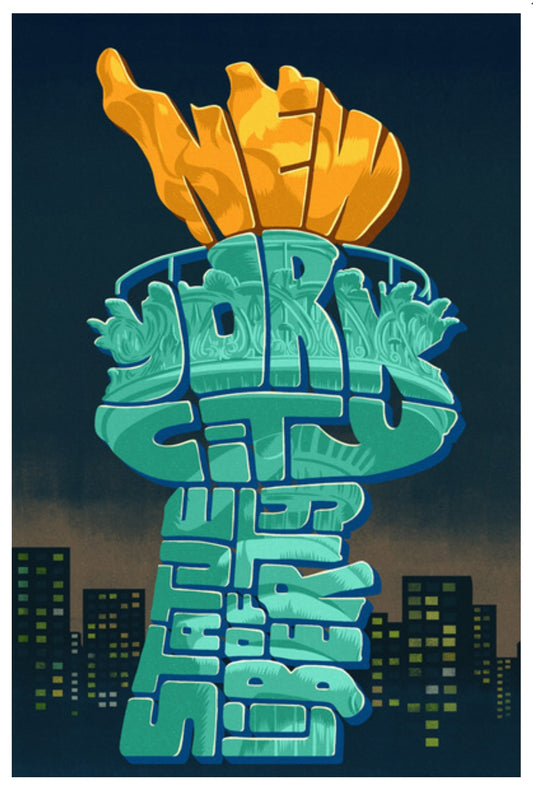 Lantern Press - New York City, NY - Statue of Liberty Typography - Postcard