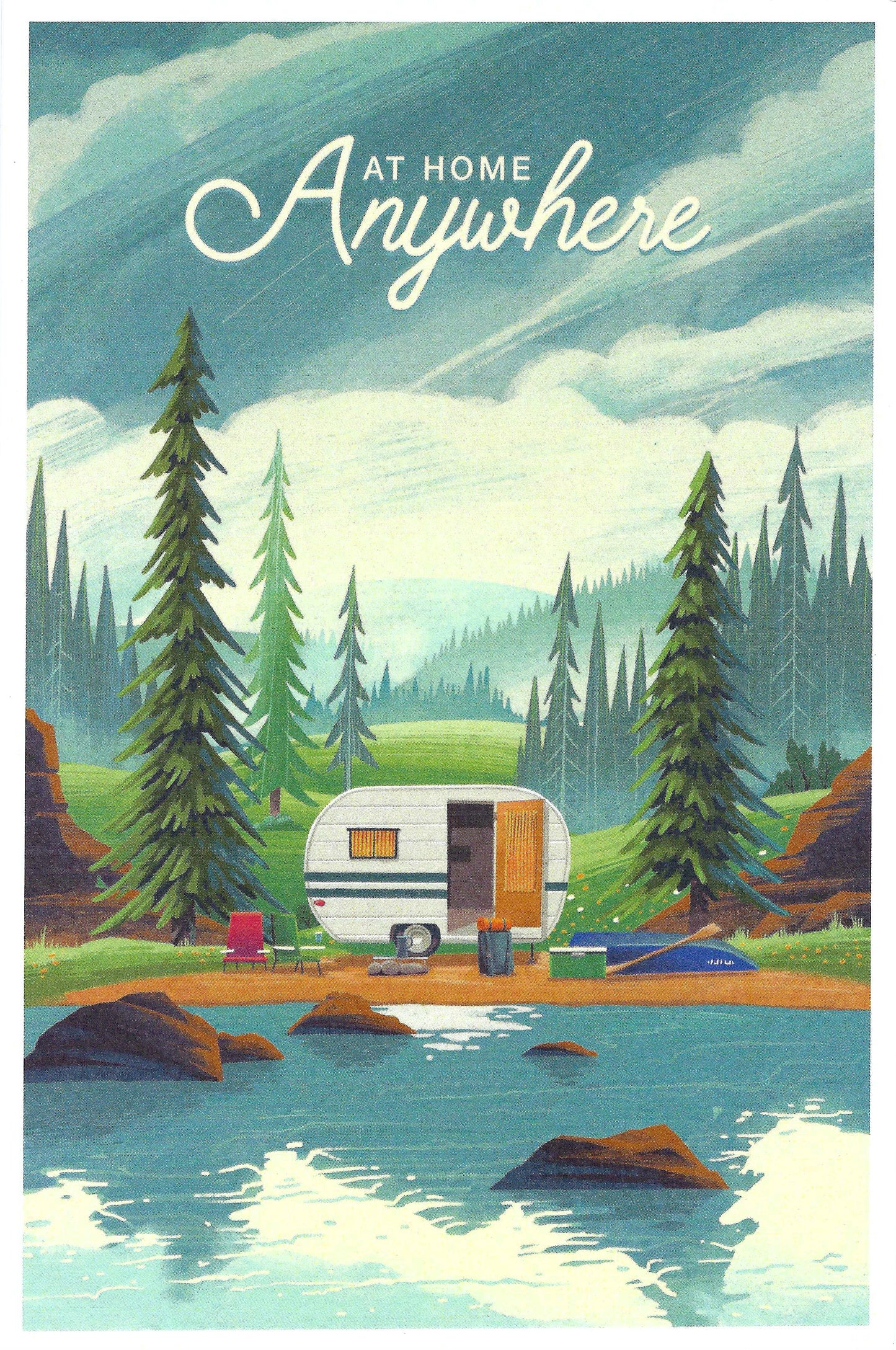 Lantern Press - Outdoor Activity - At Home Anywhere - Camper in Evergreens - Postcard