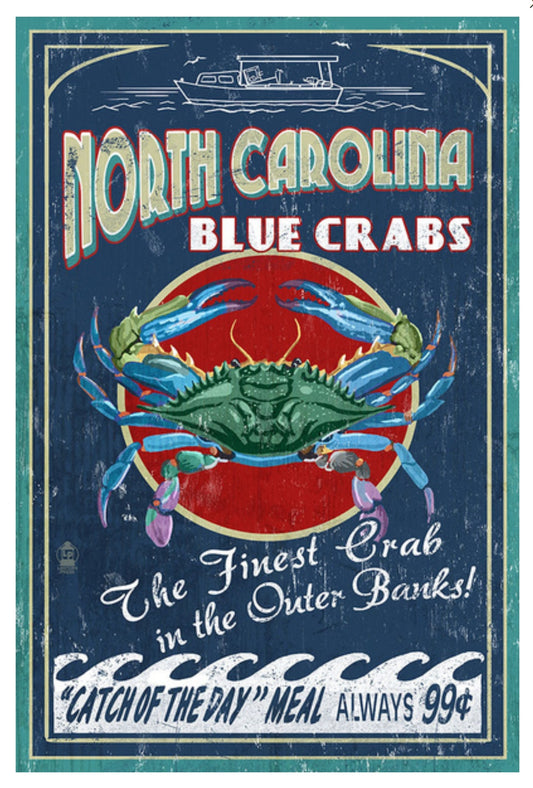 Lantern Press - Outer Banks - North Carolina - Blue Crabs - Vintage Sign - Postcard