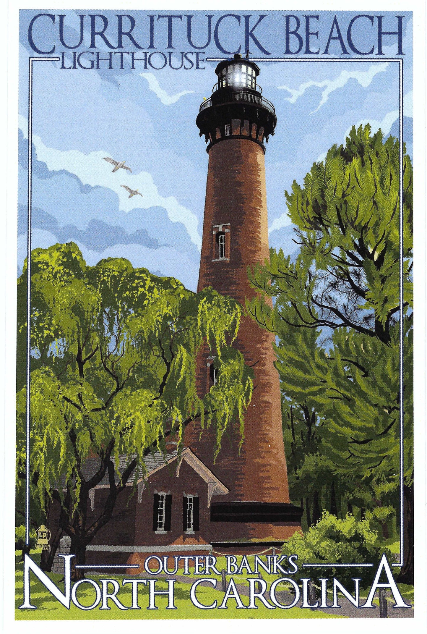 Lantern Press postcard featuring Currituck Beach Lighthouse in the Outer Banks, North Carolina—daytime coastal scene with red brick tower, greenery, and ocean breeze—ideal for Postcrossing, travel swaps, and lighthouse collectors.