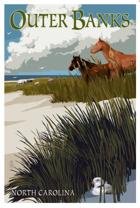 Lantern Press - Outer Banks - North Carolina - Horses - Dunes - Postcard