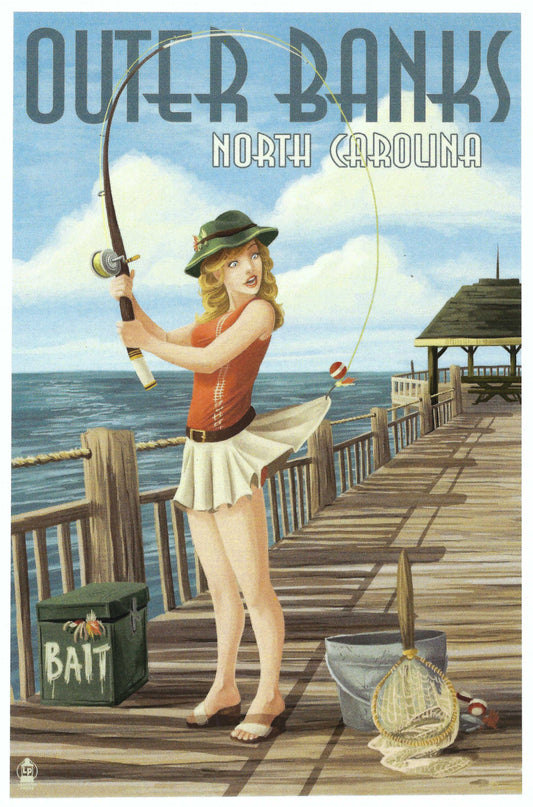 Lantern Press - Outer Banks North Carolina - Pinup Girl Fishing - Postcard
