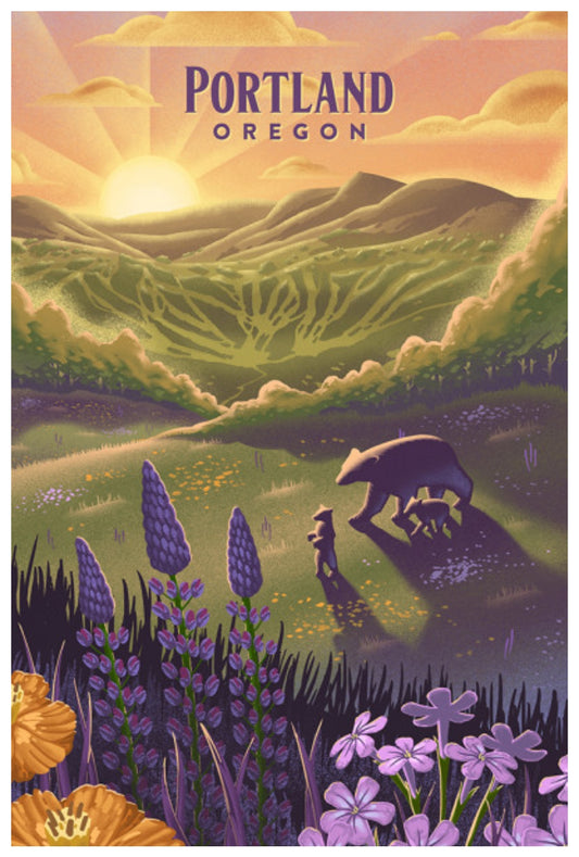 Lantern Press - Portland - Oregon - Bear -Spring Flowers -Postcard
