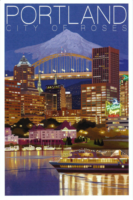 Lantern Press - Portland - Oregon - Skyline at Night - City of Roses - Postcard