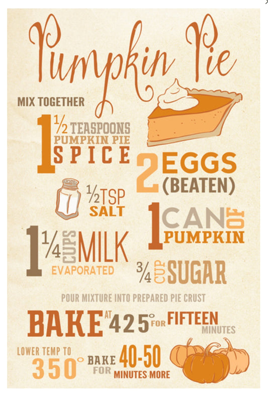 Pumpkin Pie Recipe postcard by Lantern Press featuring vintage-style typography and warm fall tones—ideal for Thanksgiving swaps, snail mail fans, and recipe collectors.