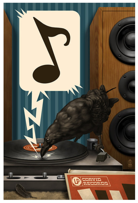 Lantern Press - Raven and Record Player - Postcard