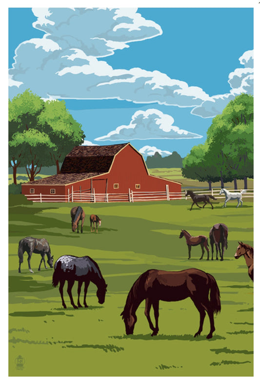 Lantern Press - Red Barn with Field of Horses - Postcard