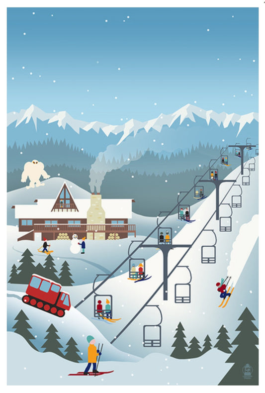 Retro Ski Resort Postcard – Mountain Town Winter Scene – Lantern Press – Made in USA