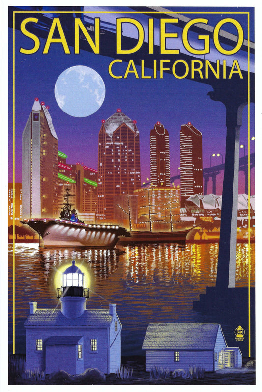 Lantern Press - San Diego - California - Skyline at Night - Postcard