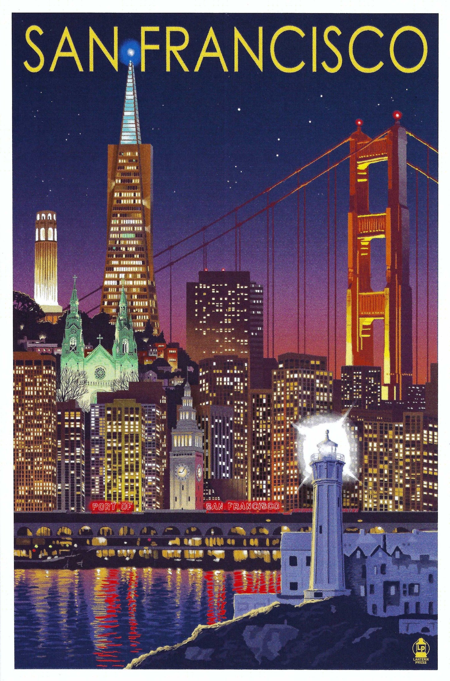 Lantern Press - San Francisco - California - Skyline at Night - Postcard