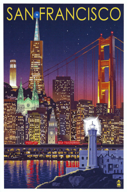 Lantern Press - San Francisco - California - Skyline at Night - Postcard