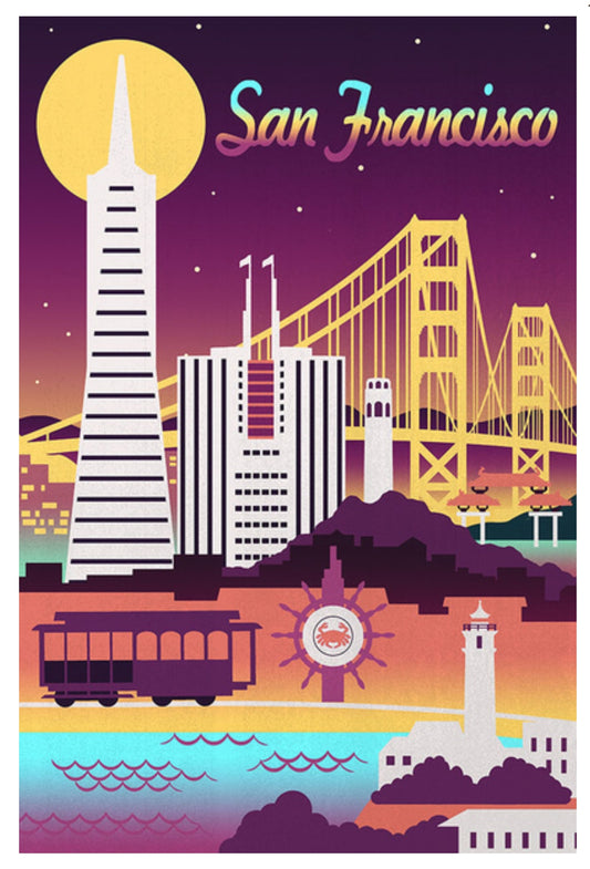Lantern Press - San Francisco - Golden Gate Bridge - Retro Skyline Chromatic Series - Postcard