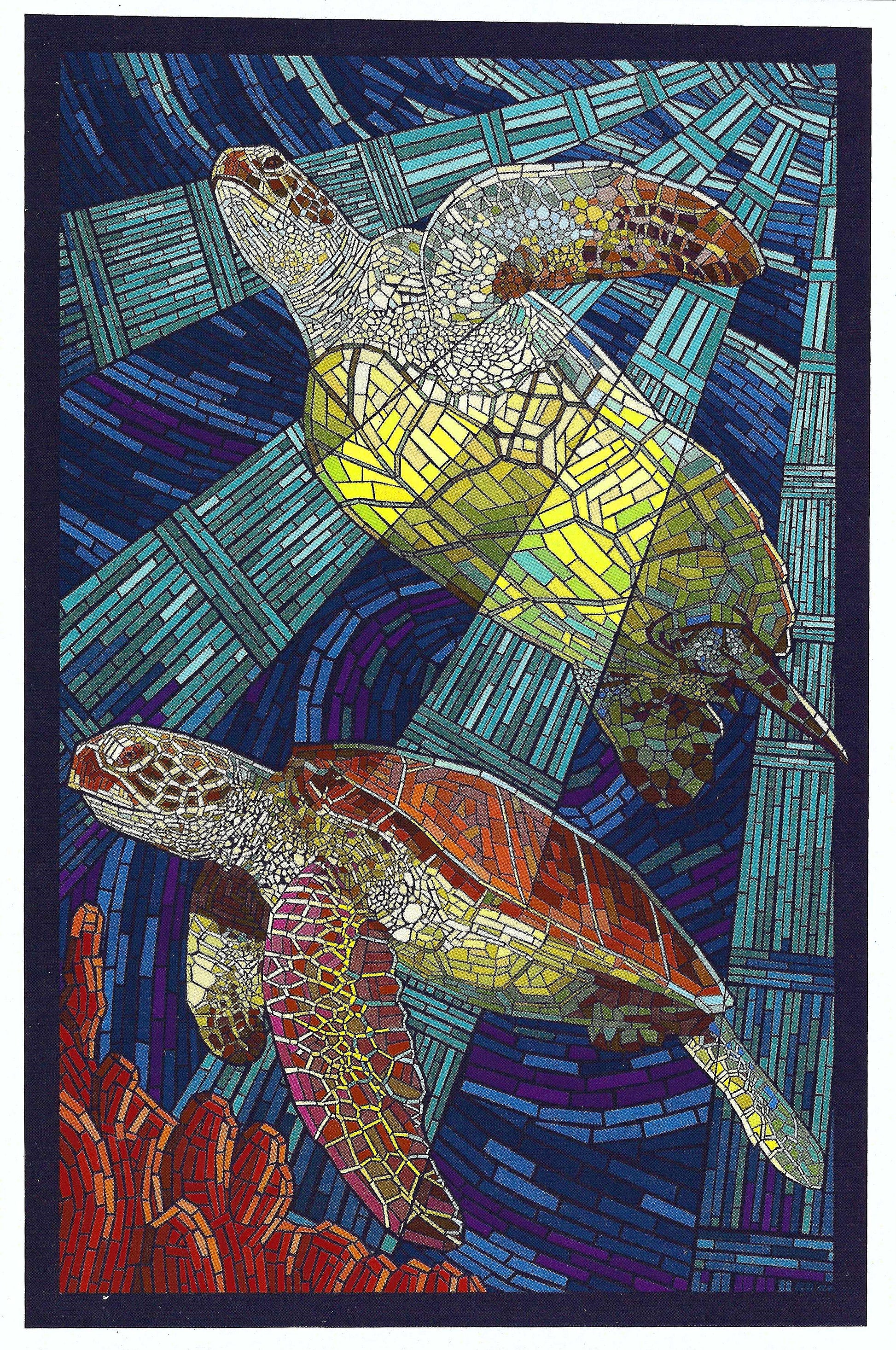 Lantern Press postcard featuring a colorful paper mosaic sea turtle—perfect for ocean lovers, Postcrossing, and snail mail swaps.
