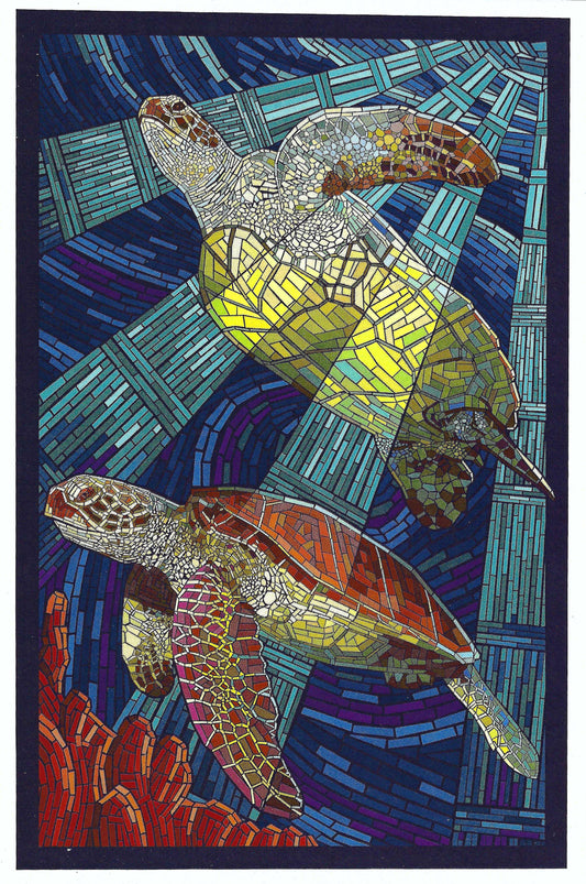 Lantern Press postcard featuring a colorful paper mosaic sea turtle—perfect for ocean lovers, Postcrossing, and snail mail swaps.