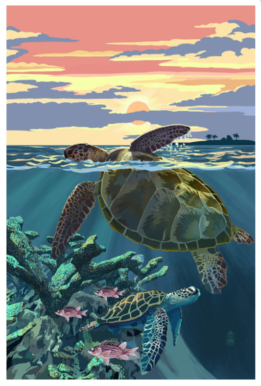Lantern Press - Sea Turtles & Sunset - Postcard