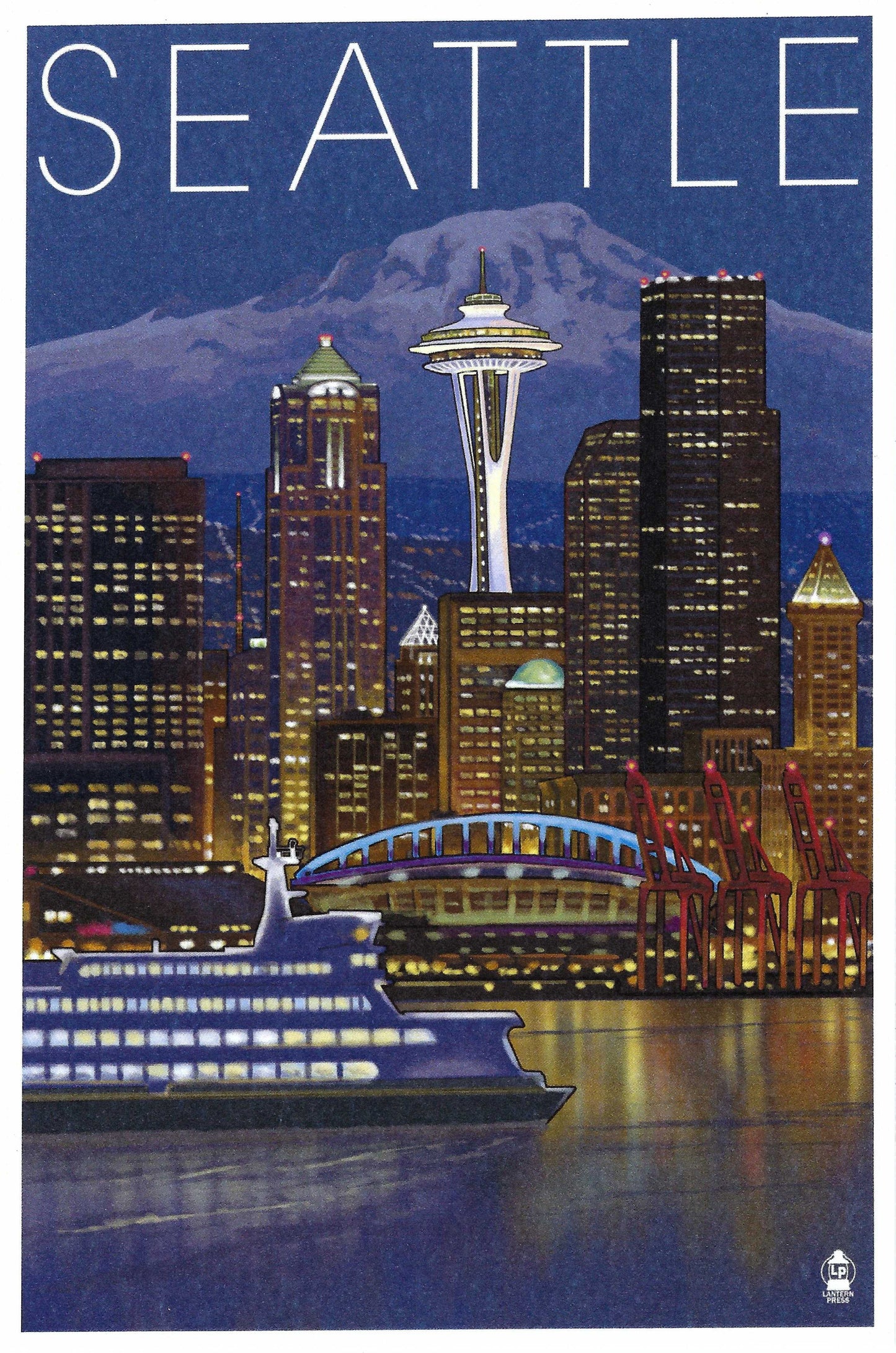 Lantern Press - Seattle, Washington - Skyline at Night - Postcard