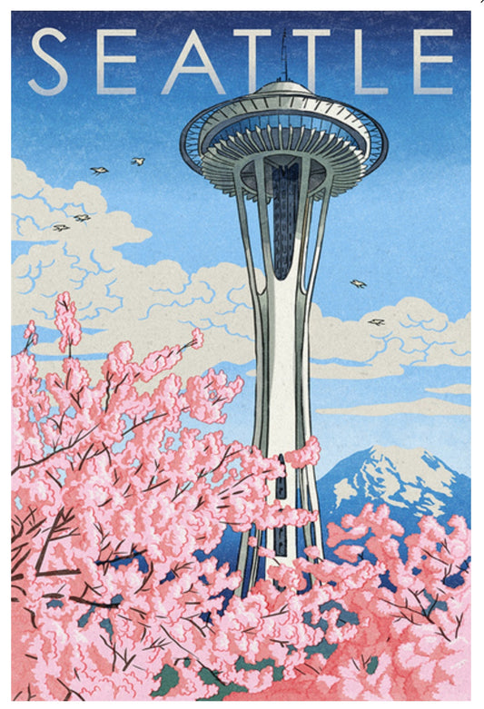 Lantern Press - Seattle - Washington - Space Needle with Cherry Blossoms - Postcard