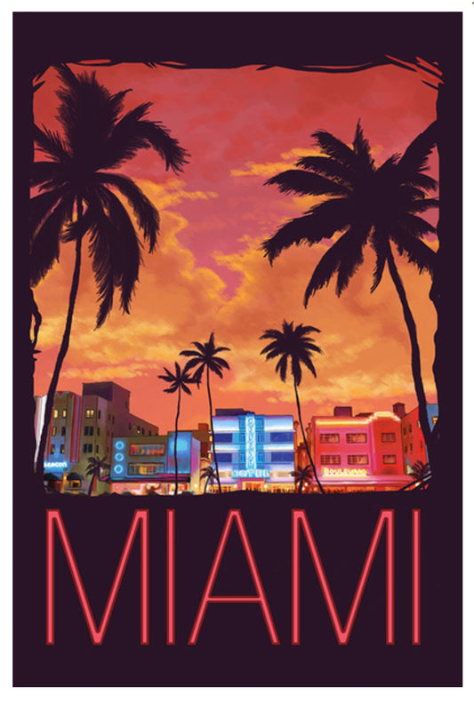 Lantern Press - South Beach Miami, Florida - Neon Buildings - Postcard