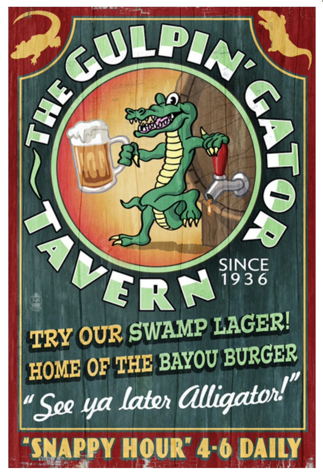 Lantern Press - The Gulpin Gator Tavern - Vintage Sign - Snappy Hour - Alligator - Postcard