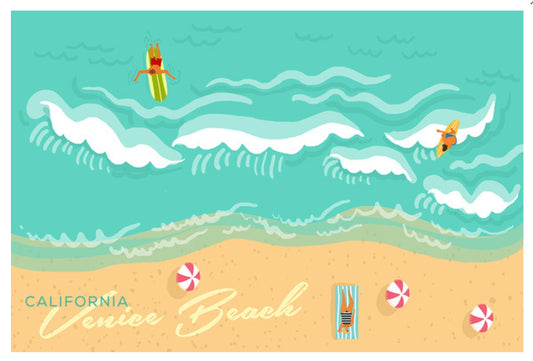 Lantern Press postcard featuring an aerial view of Venice Beach, California with colorful umbrellas, sunbathers, and ocean waves—ideal for Postcrossing