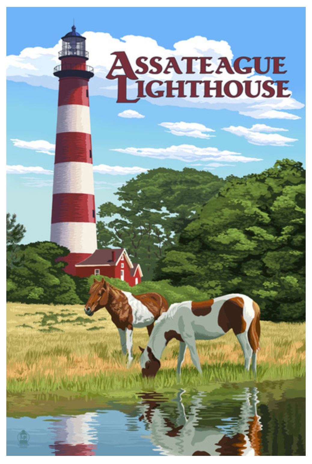Lantern Press Postcard - Assateague Lighthouse - Horses Postcard - Postcrossing Postcard